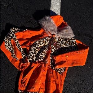 Orange Leopard Print Hoodie with Fur trim